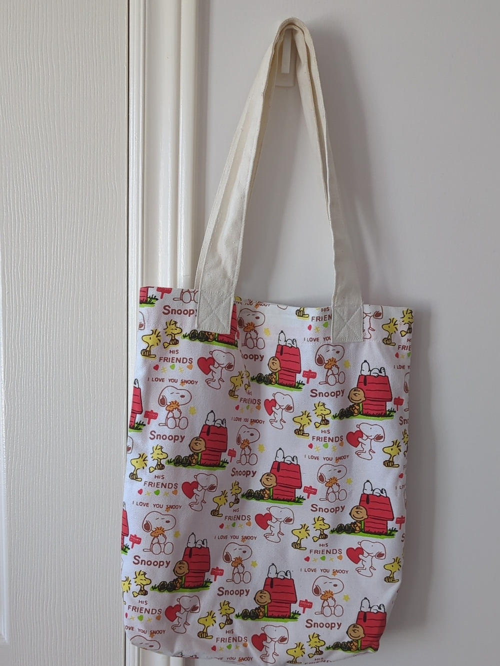 Snoopy Peanuts Canvas Tote Bag in White, Red & Yellow Lined